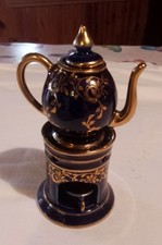 Miniature Théière/ Tasse Bleu Cobalt Doré FM Limoges Porcelaine Vitrine