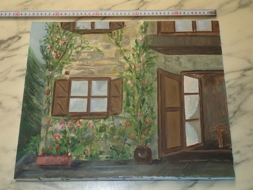 Peinture maison rurale fleurs - maison,