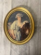 Cadre ovale représentant 1 femme ,cheval ,cadre dorée à la feuille atelier d’art