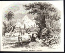 1843 ENGRAVING -- MARQUISES ISLANDS UN MORAI A NOUKA HIVA 3P049