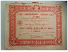 Ancienne action de 100F CIE DES PRODUITS CHIMIQUES ET CHARBONS ACTIFS ED. URBAIN