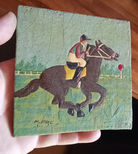 "Miniature" Original Wood Painting Theme Riding Horse Jockey - M.Prat