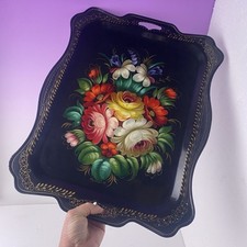 Ancien plateau russe métal fleurs peintes à la main Vintage  Russian Tray