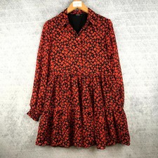 Bershka Robe Chemise Femme S Rouge Noir Fleurie Mini Manches Longues Evasée