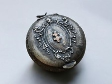 Rare 1900 Silver Metal Box Mirror Pill Box Cross of Lorraine Antique France