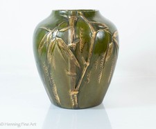 Rare Antique Clement Massier Green Bamboo Pottery Vase Golfe Juan 10.25" Tall
