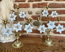 2 Chandeliers Candélabres XIXème Église Bronze Doré Fleurs de Lys Verre Opalin