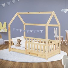 Lit pour enfants en bois de pin cabane couleur naturelle avec barriere 140x70cm