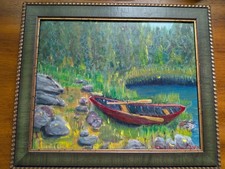 Vintage Swedish Södra Vallgund "UDDEN" original Boat & Pond oil painting 2004