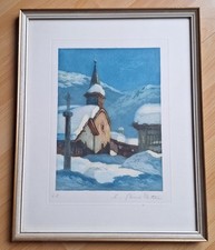Estampe EDGARD BOUILLETTE "Chapelle Du Tour" Chamonix - Montagne