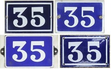 Old blue French house number 35 door gate plate plaque enamel steel metal sign