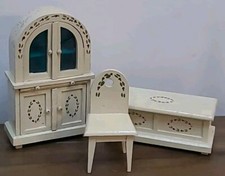 3 Pc Vintage Dollhouse 1930s Painted Wood Floral White Furniture Chest Armoire