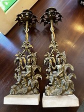 Pair Brass Figural Girandoles w/Marble Base 15.5” Candlesticks Hollywood Regency