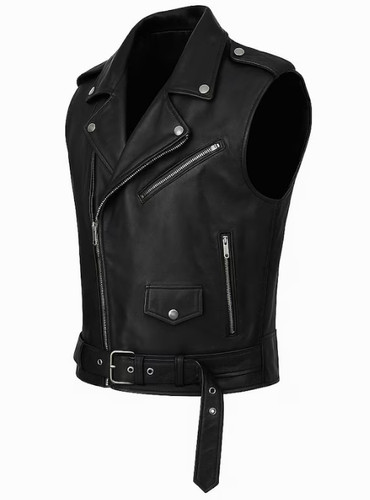 Men black leather biker vest - black,