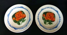 2 ANTIQUE TOLE ENAMEL PLATES PEONY FLOWER DECOR 24CM