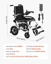 VEVOR Fauteuil Roulant Électrique Pliable Capacité 100 Kg 19,3 Km Siège 450 Mm
