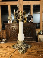 Antique 19th C Opaline Glass & Bronze Table Lamp