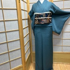 6430# Kimono Japonais Vintage Femme Tissu Soie Robe Kimono Vendu Bleu Seul