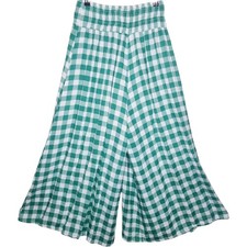 Donna Donna Culotte Pants One Size Linen Gingham Wide Leg Shirred Elastic Waist
