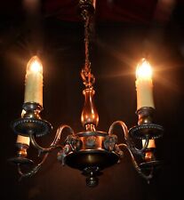 Edwardian C1910 bronze 5 swan neck arms chandelier, rams head decorative feature