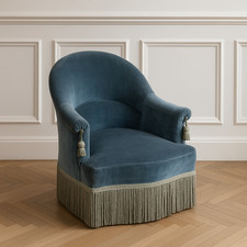 Fauteuil Crapaud Ancien – Velours Bleu Pétrole &amp; Franges – Style Boudoir / Napol