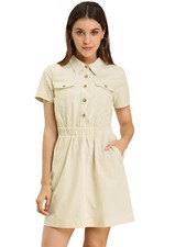 Femmes Robe Chemise Boutonnée Devant, Col Rabattu, Demi-Patte Boutonnage Manche