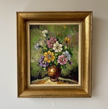 Vintage “GREEN FLORAL” Oil Painting by Lacour French Original Art Made Ca. 1940