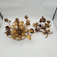 Hollywood Regency Tole Gilt Florentine Gold Roses Compote Stand & Sconce Italy