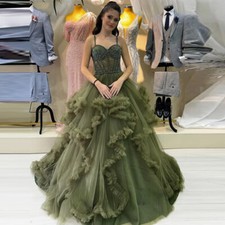 Evening Dresses A-Line Tiered Sweetheart Pleated Tulle Robes De Soiree Train