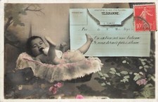 CP TELEGRAMME BEBE BIBERON DANS COUFFIN
