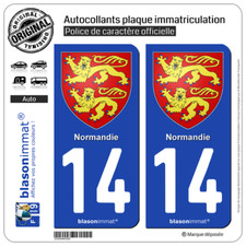 2 Stickers autocollant plaque immatriculation : 14 Normandie - Armoiries