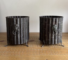 2 Anciens Caches Pots en Laiton/Bronze effet Bambou et Tête de Lion - Vintage