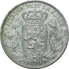 R1052 Belgium 5 Francs Leopold II Roi des Belges 1870 Argent -> Make offer
