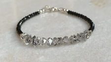 Black Spinel+White Herkimer Diamond Quartz Gemstone Beads Bracelet 7"