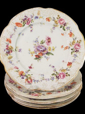5 Fleurs de Saxe Germany Floral Dresden Plates 8 Inch Hand Painted Florals Gold