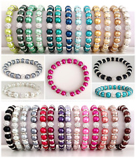 Glass Pearl & Diamante Bracelet with Sparkly Shamballa Rhinestone - 27 Colours