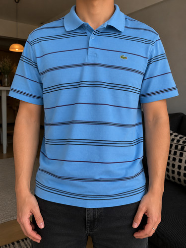Polo lacoste rayé bleu ciel - polo,