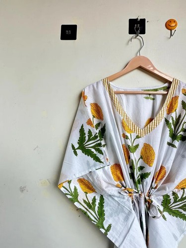 Kaftan long blanc fleuri coton - kaftan,