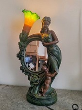 1995 Art Nouveau Lamp and Mirror with Shade Tiffany Lily Style By Crossa