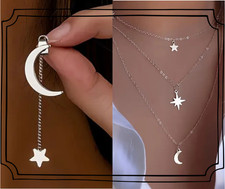 Ensemble Femme Lune Étoile Argenté Collier Superposé + Boucle d'oreille pendante