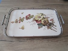 PLATEAU RECTANGULAIRE EN METAL & CERAMIQUE ART DECO DECOR DE FLEURS PAPILLON