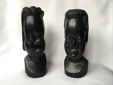 COUPLE DE SCULPTURE AFRICAINE Têtes Femme et Homme en ÉBÈNE SCULPTÉ