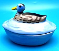 Cerabel Porcelain Duck Trinket Box Dish Blue Small Made in Belgium 3 1/2" Tall