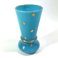Antique Portieux  Vallerysthal French Blue Opaline Vase Gold Stars Signed 3 3/8"