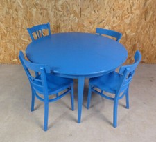 table à manger ronde avec 4 chaises et 2 rallonges bleu vintage