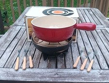 Vintage Le Creuset Fondue Set Cast Iron Enameled Pot Burner Forks