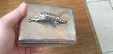 SILVER METAL TROUT FISHING FLY BOX AND FISH GLASS LEG 