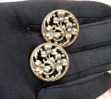 2 ANTIQUE 1900 Art Nouveau Flower Pattern BUTTONS, Silver Metal/Steel Studs