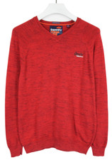 Superdry Premium Combed Cotton Pull Homme Large Rouge Serré Tricot Col V Logo