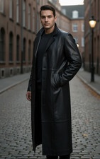 Manteau long en cuir pour hommes pleine longueur Duster Classic Trench...